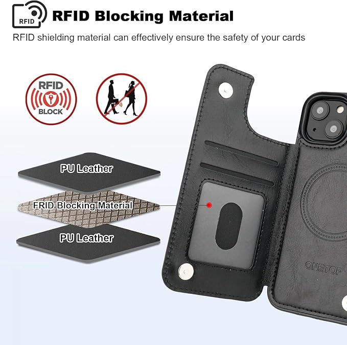 ONETOP Compatible with Magsafe for iPhone 13 Wallet Case with Card Holder, PU Leather Kickstand RFID Blocking Case, Double Magnetic Clasp and Durable Shockproof Cover 6.1 Inch (Black)