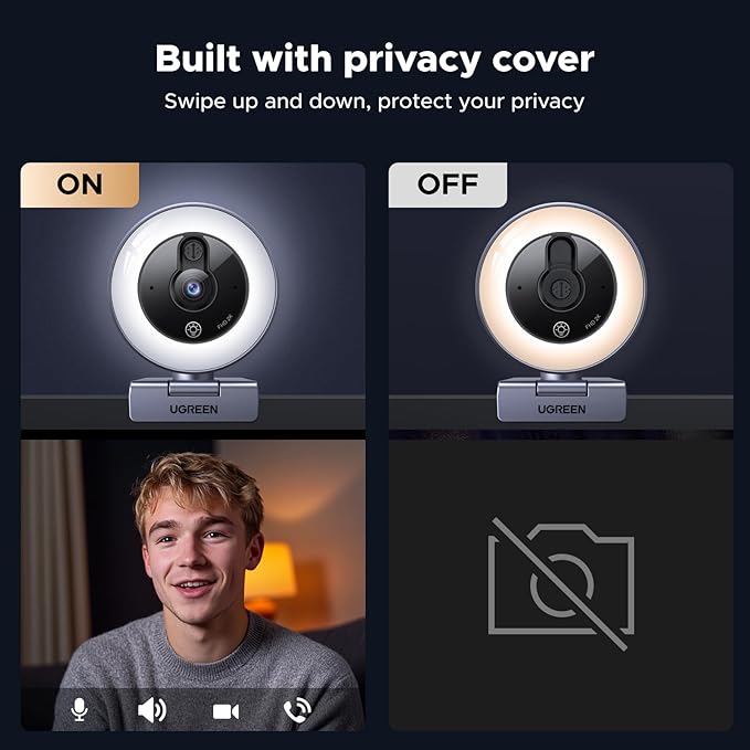 2K Webcam with 4-Level Ring Light and Noise Canceling Microphone for Video Calls Streaming and Remote Work