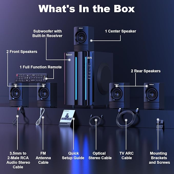 Bobtot Home Theater Surround Sound System for TV - 6.5inch Subwoofer 800W Peak Deep Bass 5.1 Wired Satellite Speakers Audio Stereo Systems Support ARC Optical Bluetooth Aux Input
