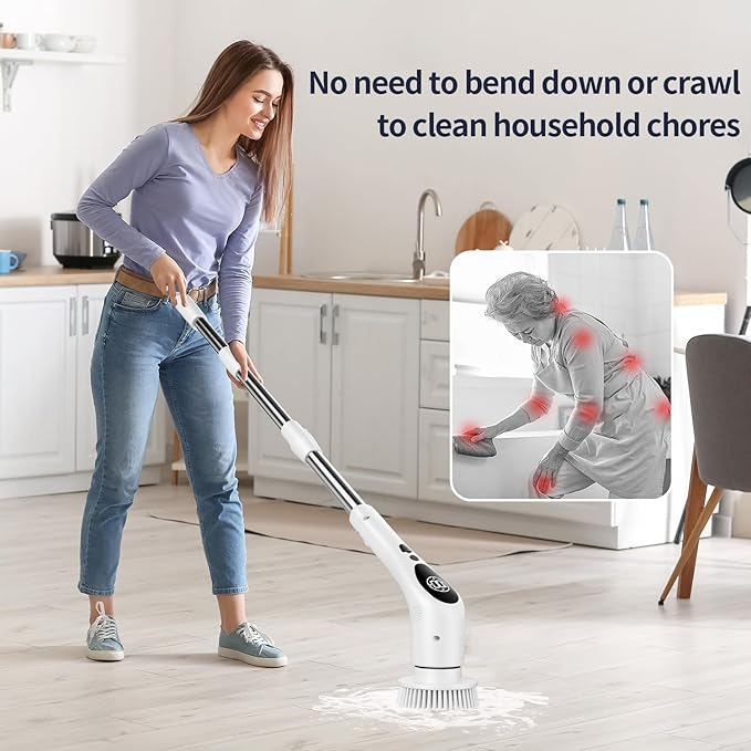 CenGoes Electric Spin Scrubber Cordless Cleaning Brush Shower Cleaning Brush with 9 Replaceable Brush Heads Long Handle Shower Cleaner Brush for Bathroom, White, TD-8136