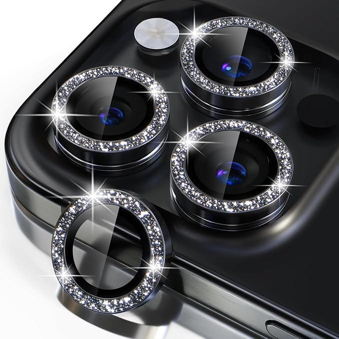 Misea Compatible for iPhone 15 Pro/iPhone 15 Pro Max Camera Lens Protector Bling, 9H Tempered Glass Camera Cover Screen Protector Metal Individual Ring Protector Decoration Accessories, Black Glitter