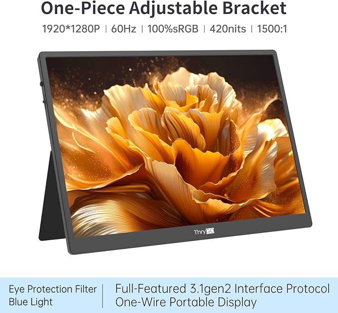 10.5" Portable Monitor, 3:2 1280P FHD IPS Display with HDR10, 420 Nits 60Hz, Dual USB-C & Mini HDMI, Adjustable Stand, Ultra-Slim Mini Screen for Laptop PC Phone Game Consoles Raspberry Pi