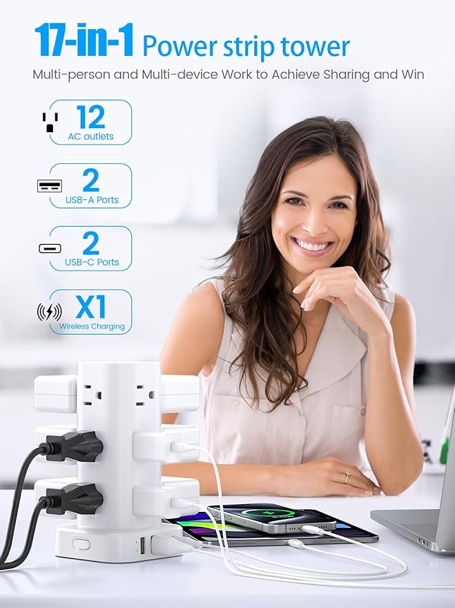 Tower Power Strip with 15W Wireless Charger - 12 Outlets 4 USB Ports White