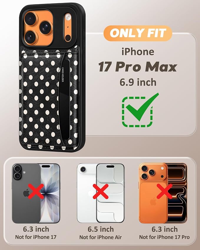 for iPhone 17 Pro Max Case with Wallet - Fits 4 Card Slots, Compatible with MagSafe for Women Aesthetic PU Leather Credit Card Holder Kickstand Phone Cover for Apple 17 Promax, Polka Dots