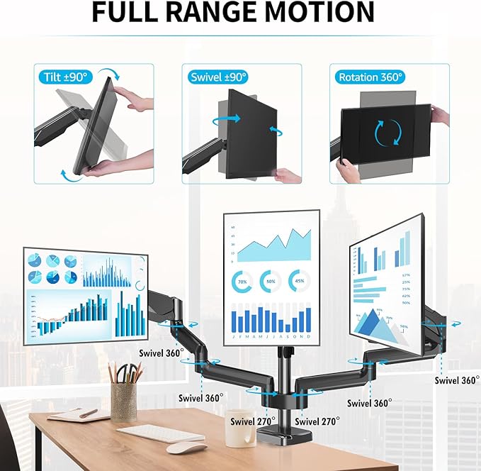 MOUNTUP Triple Monitor Stand Mount - 3 Monitors Desk Mount for Computer Screens Up to 27 inch, Triple Monitor Arm with Gas Spring, Heavy Duty Monitors Stand, Each Arm Holds 4.4-19.8 lbs, Black