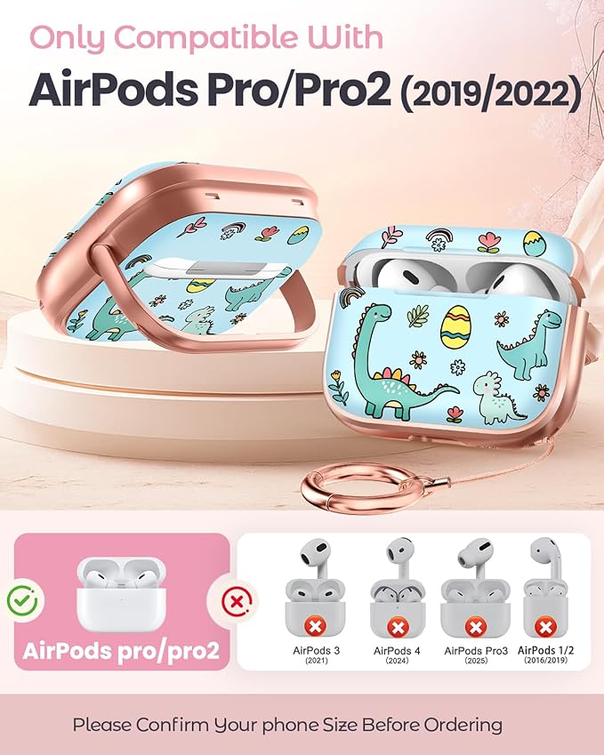 Coralogo for AirPods Pro2/Pro Case with Safety Lock - Cute Cartoon for AirPods Pro1/2 Generation for Women Girls Fashion Stylish Dinosaur Pattern Design Kawaii Girly Girlish Hard Protective Cover