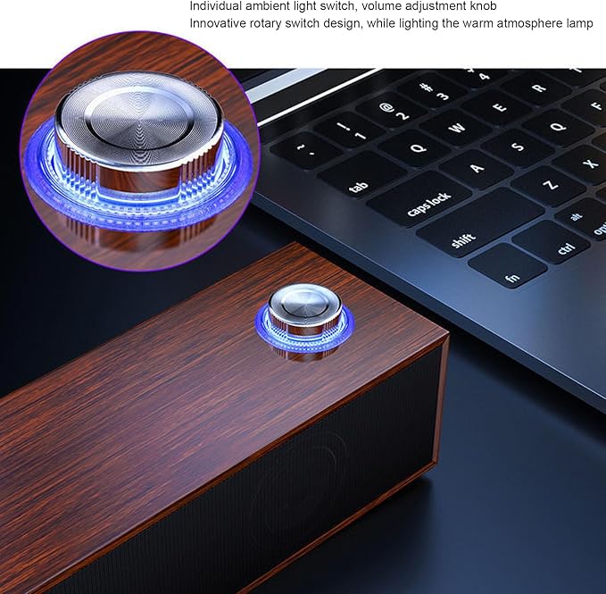 Wood Computer Speakers for Desktop, Mini Sound Bar Speaker with Stereo Sound, USB Powered Small PC Speakers, with Volume Knob, 3.5mm AUX Plug & , Plug and Play