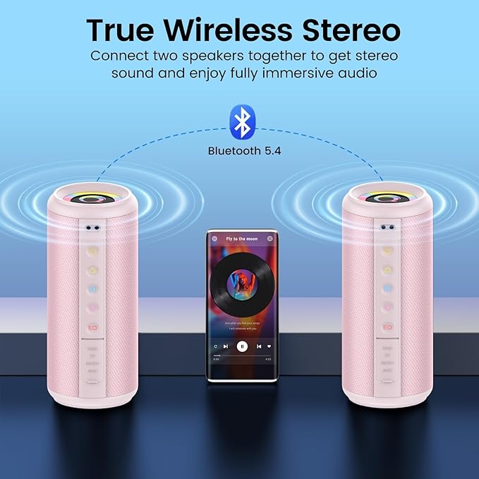 Portable Bluetooth Speaker, 2026 Bluetooth 5.4 Wireless Speaker with 20W HD Loud Stereo Sound, 20H Playtime, LED Lights, IP7, TWS Pairing, Built-in Mic, for Outdoor, Home, Beach, Party, Gift, Pink