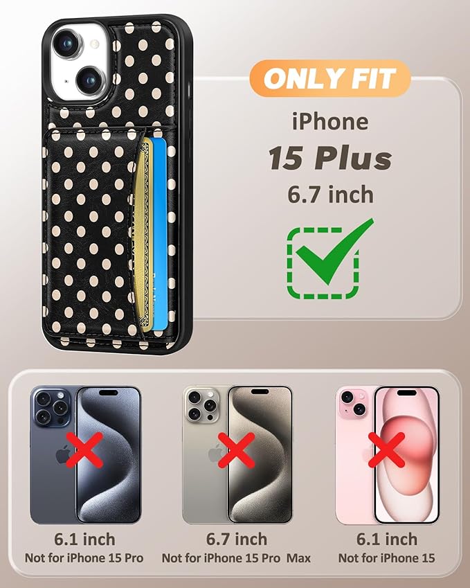 for iPhone 15 Plus Case with Wallet - Fits 4 Card Slots, Compatible with MagSafe for Women Aesthetic Durable PU Leather Credit Card Holder Kickstand Phone Cover for Apple 15 Plus, Black Polka