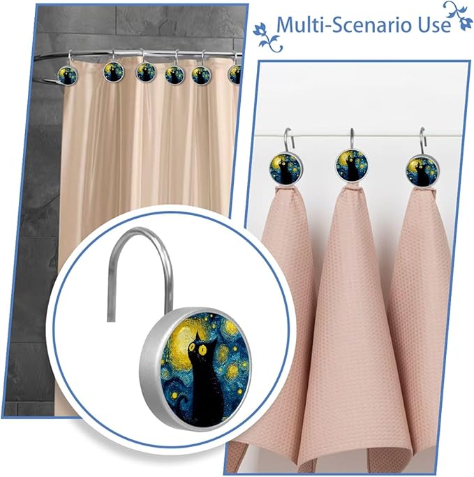 12 Packs Abstract Starry Sky Cat Shower Curtain Hooks, Stainless Steel Glass Shower Curtain Rings for Bathroom Decor, Metal Rustproof Curtain Rod Hooks
