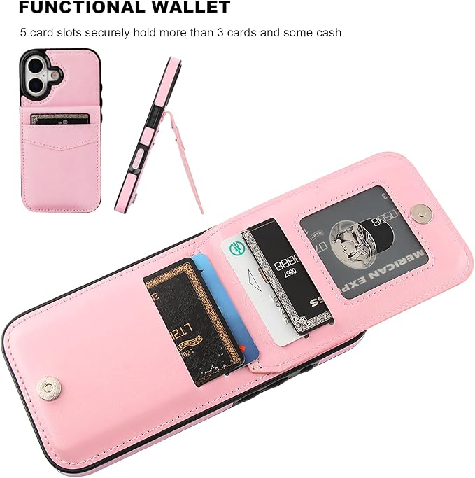 KIHUWEY Compatible with iPhone 17 Case Wallet with Credit Card Holder, Flip Premium Leather Magnetic Clasp Kickstand Heavy Duty Protective Cover for iPhone 17 6.3 Inch (Pink)