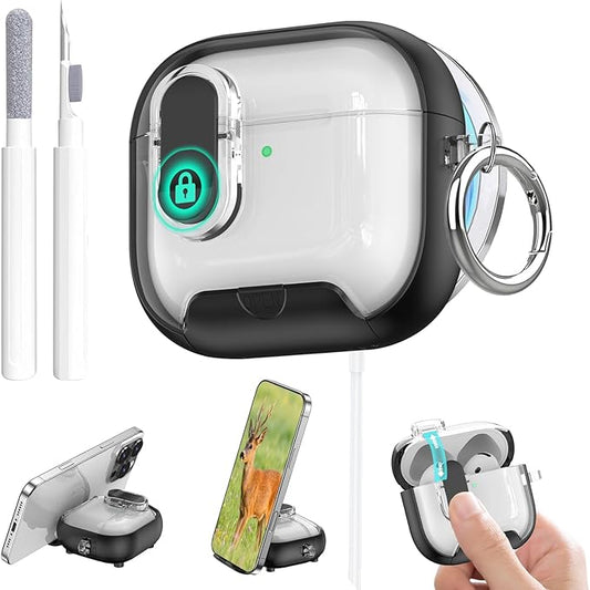 for Airpods 4 Case Clear,Secure Lock for Airpods 4th Generation Case Cover with Phone Stand and Magsafe Function,Auto Pop-up,Hybrid Protection Design with Carabiner&Cleaning Pen-Black