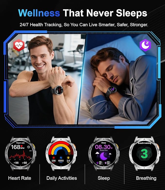 Smart Watches for Men Answer/Make Call, 1.62" AMOLED/730mAh Battery/LED Flashlight Military Smartwatch, 110+ Sports Modes IP68 Waterproof Fitness Tracker for Android iOS Black