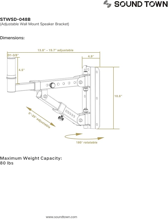 Sound Town 2-Pack Adjustable Wall Mount Speaker Brackets with 180-degree Swivel (STWSD-048B)