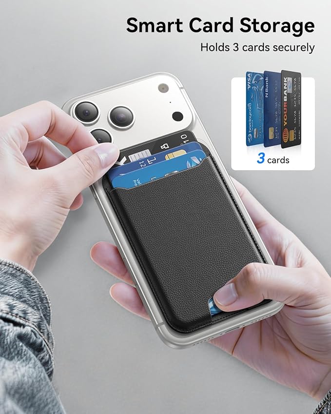 for MagSafe Wallet, 3 Cards Holder, Slim Magnetic Phone Wallet for iPhone 17/16/15/14/13/12 Pro Max Plus Air Series,RFID Blocking Vegan Leather,Black