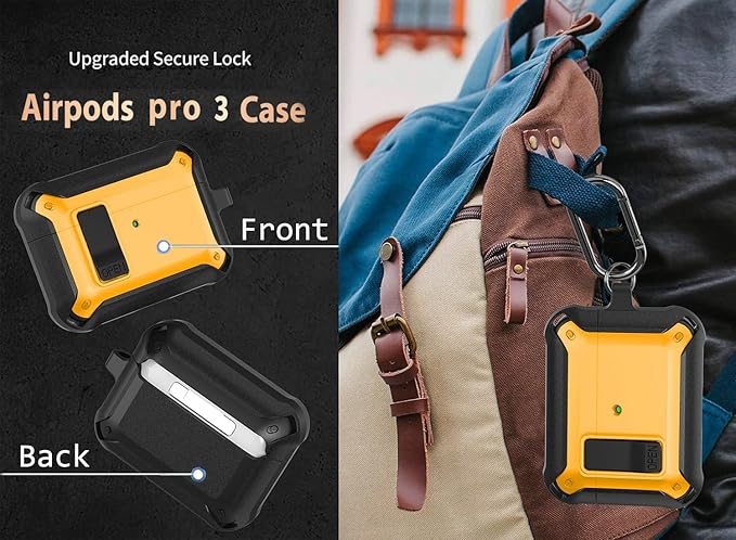 for Airpods Pro 3 Case with Magnetic Automatic Lock, Rugged Apple Airpods Pro 3rd Generation Cover 2025, Armor Shockproof iPod Pro3 Gen Protective Shell with Carabiner&Cleaner kit,Black/Yellow