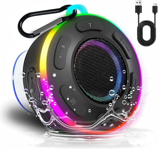 Portable Bluetooth Speaker with vibrant led lights, IPX6 Waterproof, Loud Stereo Sound,Hands-Free Calling/Radio, for Shower, Beach, Outdoors, Over 10 H Playtime, Mini/Small, Suction Cup & Hook