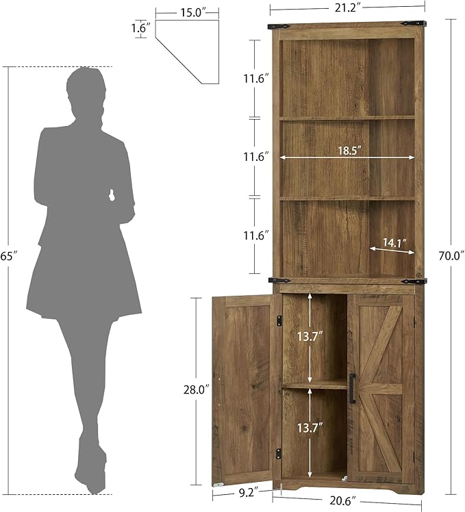 TEENFON Farmhouse Corner Cabinet, 70" H Tall Corner Hutch with 5 Shelves & 2 Barn Doors, Storage Cabinet with Adjustable Shelf, for Living Room, Kitchen, Bathroom, Honey Brown