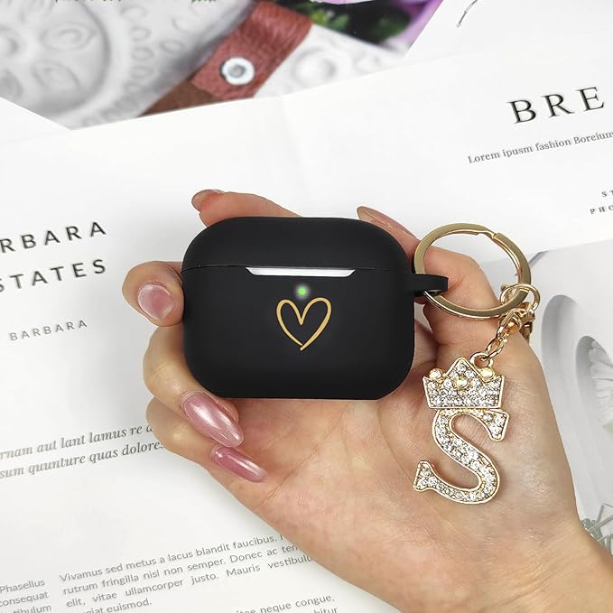 Compatible with AirPods Pro 3 Case Cover (2025), Soft Silicone Case with Gold Heart Pattern for AirPods Pro 3rd Generation Case with Rhinestone Studded Letter A-Z Keychain (S Black)