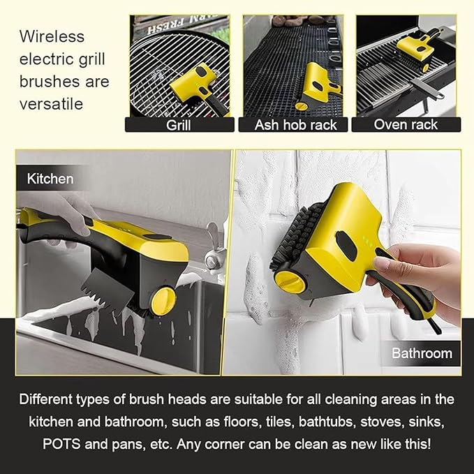 Electric Grill Clean Brush, 360° Rotating Cleaning Brush, Grill Brush, Cordless Rechargeable Barbecue Grill Cleaner with Replacement Bristles for BBQ Grill Bathroom and Kitchen