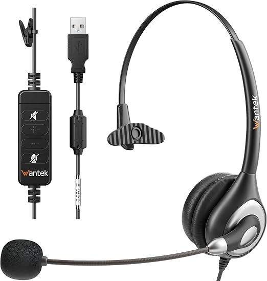 Wantek Corded USB Headsets Mono with Noise Cancelling Mic and in-line Controls, UC Business Headset for Skype, SoftPhone, Call Center, Crystal Clear Chat, Super Lightweight, Ultra Comfort (UC600)