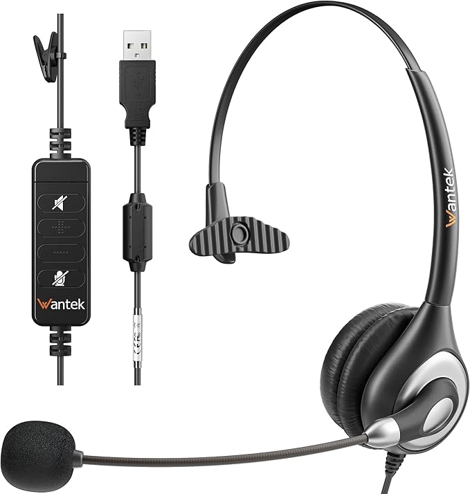 Wantek Corded USB Headsets Mono with Noise Cancelling Mic and in-line Controls, UC Business Headset for Skype, SoftPhone, Call Center, Crystal Clear Chat, Super Lightweight, Ultra Comfort (UC600)