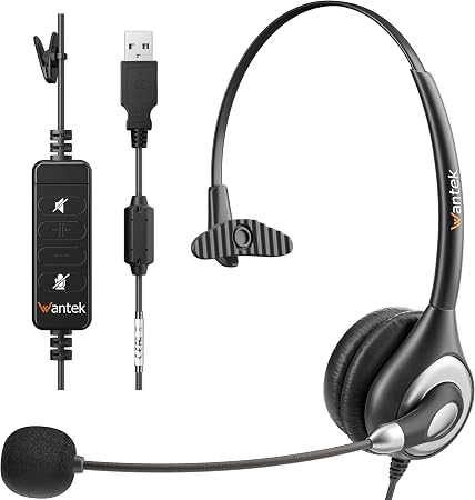 Wantek Corded USB Headsets Mono with Noise Cancelling Mic and in-line Controls, UC Business Headset for Skype, SoftPhone, Call Center, Crystal Clear Chat, Super Lightweight, Ultra Comfort (UC600)