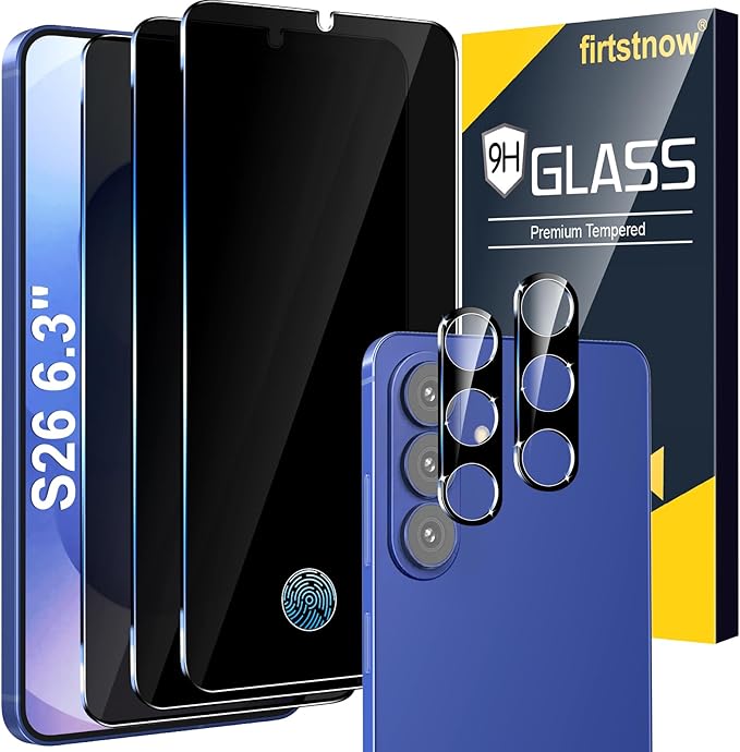 3 Pack Privacy Screen Protector for Samsung Galaxy S26 Tempered Glass + 2 Pack Camera Lens Protector, True 25°Anti Spy, 9H+ Hardness, Fingerprint Unlock, Case Friendly Bubble-Free 6.9 Inch