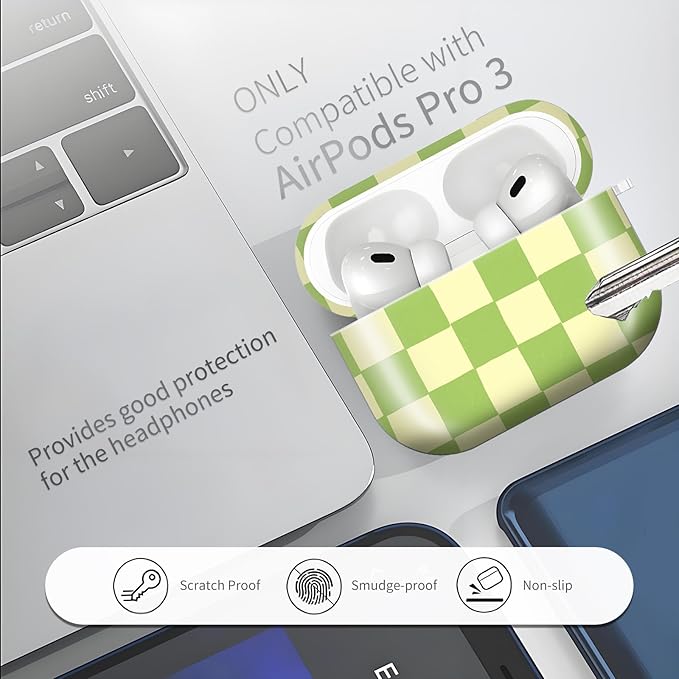 Compatible with AirPods Pro 3rd Generation 2025 Case Cover with Gold Keychain - Cute Protective Hard AirPod Pro 3 Cases for Women - Beige Green Checkered