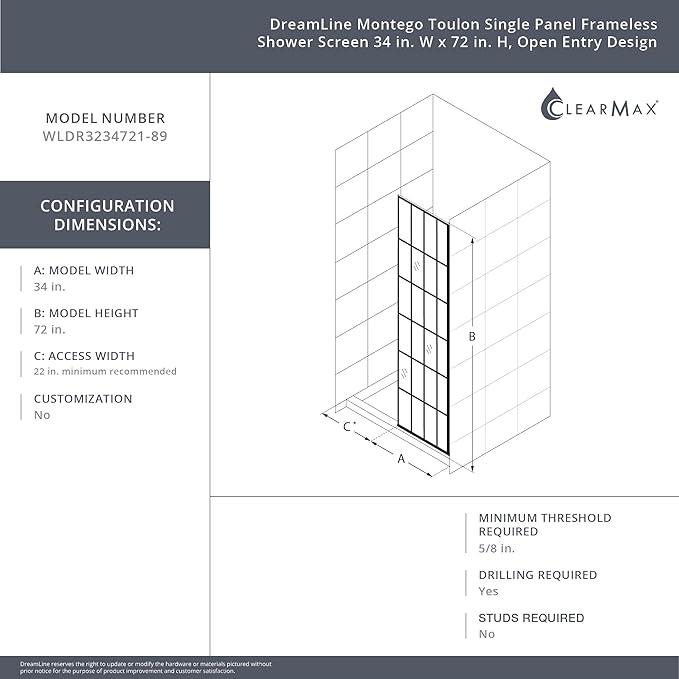 DreamLine Montego Toulon 34 in. x 72 in. x 3/8 in. Frameless Single‑Panel Shower Screen Door for Walk-in Shower in Matte Black