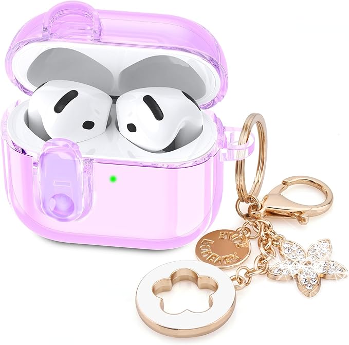 (with Safety Lock) Clear Case Compatible with Cute Apple Airpods 4 Cases 2024 Women, VISOOM Soft TPU Transparency Air pods 4 Gen Case iPods 4 Earbuds Case Girl Bling Keychain for Airpod iPod 4th Gen