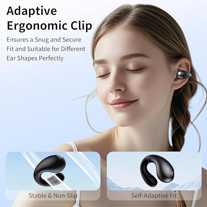 Open Ear Earbuds, Clip on Earbuds Bluetooth 6.1 Wireless Bone Conduction Earbuds with LED Power Display, 50H Playtime Sport Headphones with Stable Earhook for Running Workout Cycling