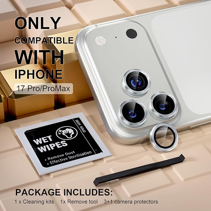 Misea Compatible for iPhone 17 Pro/iPhone 17 Pro Max Camera Lens Protector, Ultra-HD Tempered Glass Camera Cover Screen Protector Metal Individual Ring Protector Decoration Accessories, Silver