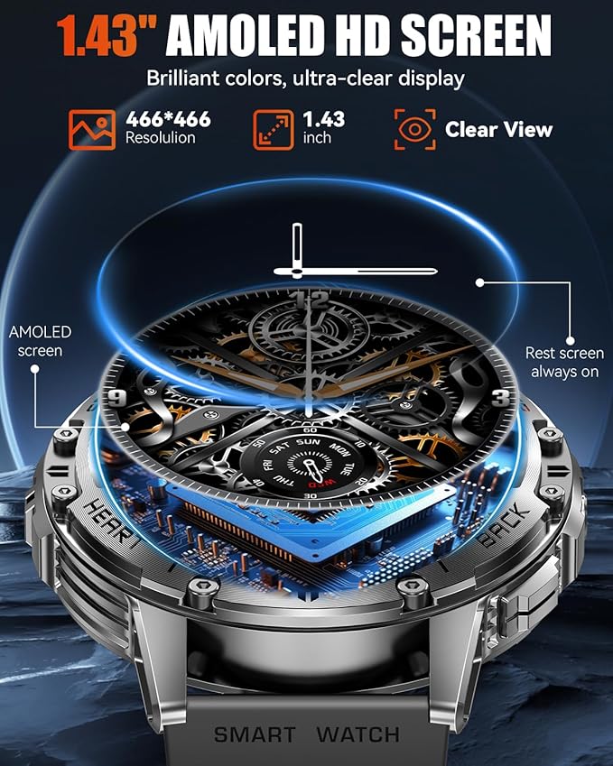 Military Smart Watches for Men with Bluetooth Call, 1.43" AMOLED Waterproof Smartwatch with Flashlight, 111 Sport Modes, 530mAh Heart Rate/Sleep Monitor for Android iOS