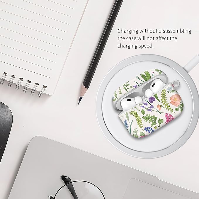 Compatible with Airpod pro 2nd/1st Generation Case Cover with Gold Round Keychain Cute Pattern Hard & Anti Slip Cover for Men Women & Girls（Flower Landscape）