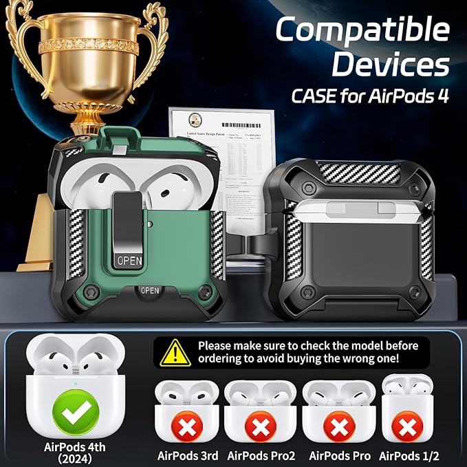 Secure Lock Case for AirPods 4 with Cleaning Kit & Keychain, Shockproof Protective Cover Compatible with Apple AirPods 4th Gen 2024 for Men Women, Anti-Scratch