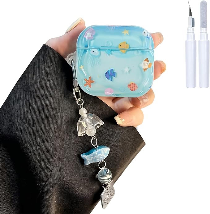 Compatible with AirPods 4 Case Soft TPU with Cleaner Kit Creative Cute Fish Star Keychain Shockproof Cover for Airpods 4th Generation(2024) -Blue
