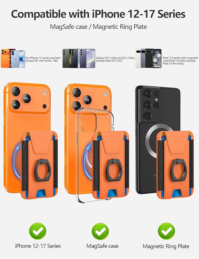 For Magsafe Wallet with Grip, 6-Card Holder, Stronger Magnetic Card Wallet Holder for iPhone 17/16/15/14/13/12 Series, Leather Magnetic Phone Wallet with Privacy Flap, RFID Blocking, Cosmic Orange