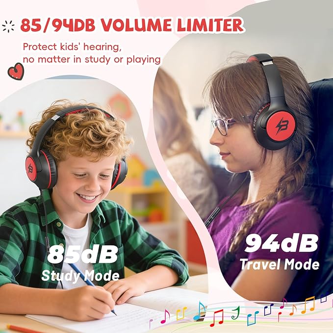 Kids Headphones Wired with USB C Plug, 85/94 dB Volume Limit Foldable USB Type C Headphones for Kids Boys Girls, Plug in Headphones Corded Over Ear Wired Headphones for School/Tablet/Travel, Black Red