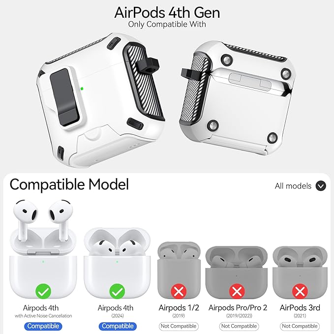 for AirPods 4 Case (2024) with Phone Stand,（with Automatic Snap Switch） Carbon Fiber Design Protection Cover with Cleaning Pen,White