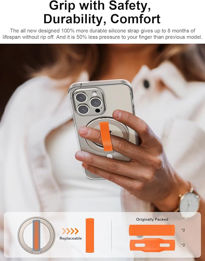 EWA MagOne 2nd Gen [Compatible with MagSafe] Phone Grip Stand with Replaceable Silicone Finger Strap, Magnetic Ring Holder Kickstand Loop, for iPhone 16,15,14,13Pro/ Max/Plus-(Gold-Orange)