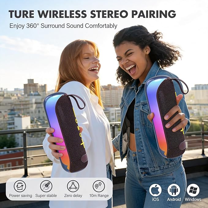 T&G Portable Bluetooth Speaker with Colorful Lights, 24W Loud Wireless Stereo Sound, IPX4 Waterproof, Outdoor Party Speaker, TWS Pairing, 15H Playtime, Great for Outdoor/Home/Party/Beach