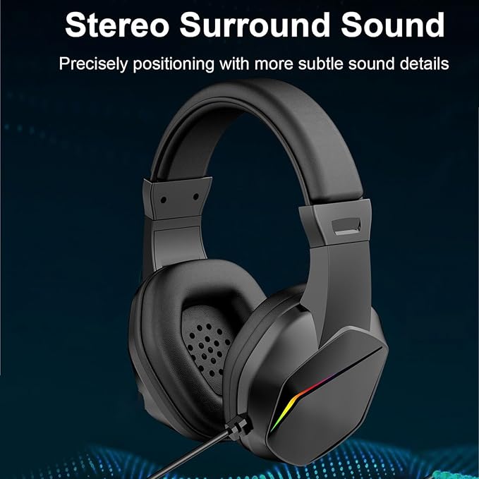 GOWENIC USB Wired Headset, Noise Isolation Gaming Headphones with 7.1 Surround Sound RGB Lighting and Flexible Noise Canceling Mic, for PC Gaming Call Center Online Classes (Black)