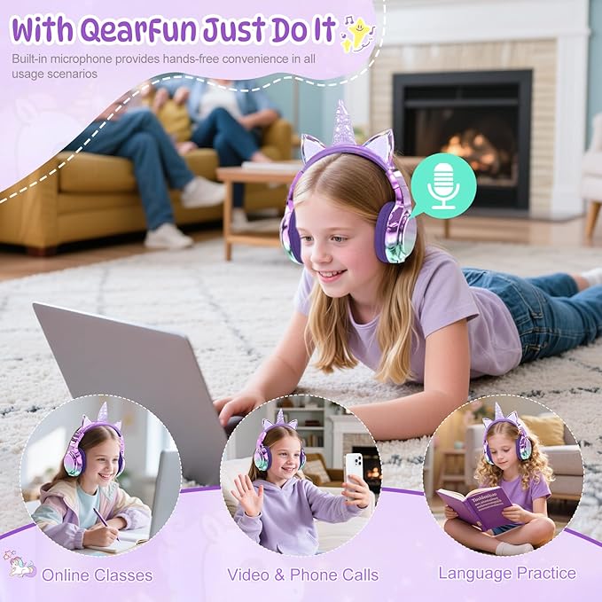 QearFun Kids Unicorn Bluetooth Headphones, 60H Playtime, 74/85/94dB Safe Volume Limit, Metallic Gradient Wireless Headset with Mic, Fast Charging, Foldable, Wired Mode for Girls School/Tablet/Travel