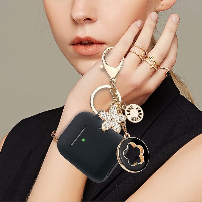 Silicone Case with Bling Keychain Compatible with AirPods Case 1 & 2, Soft Protective Earpod Case Cover Earbuds Cases Women Girls for Apple Air Pod 2 Case - Black