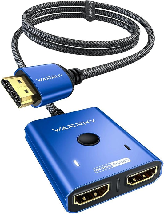 4K@60Hz HDMI Splitter Switch 2 in 1 Out, WARRKY [3.3ft Fixed Braided HDMI Cable, Aluminum Case, HDCP 2.2] Bidirectional 2x1 Switcher UHD Compatible for PS5/4, Nintendo Switch, Roku, FireStick – Blue