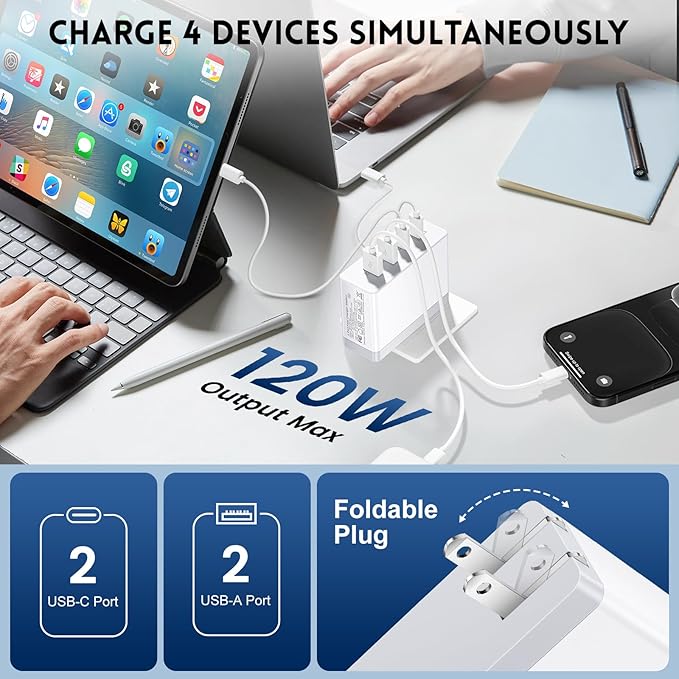 120W USB C Charger Block, 4-Port Foldable Fast Charging Block Cube, PD 100W Charging Station Wall Plug Brick Compatible with iPhone 16/15, MacBook Pro/Air,Steam Deck, Sumsang Galaxy S23, Pixel 7