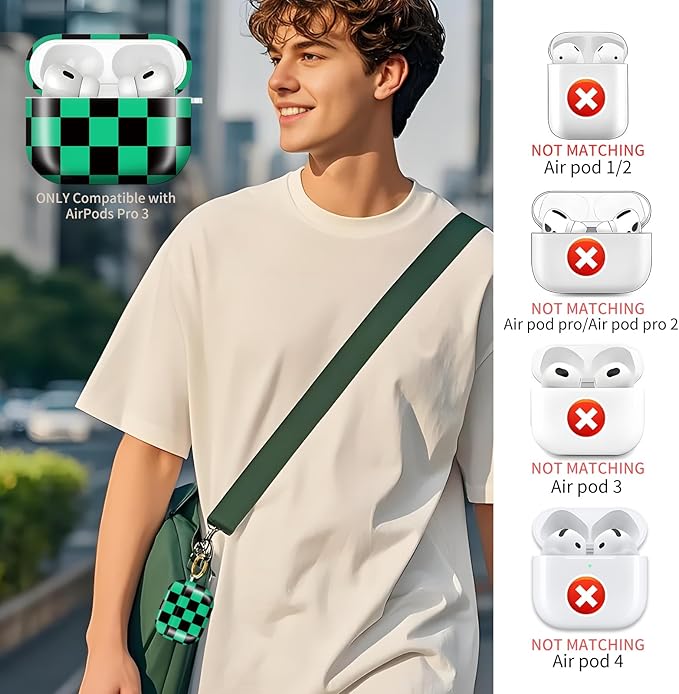 Compatible with AirPods Pro 3rd Generation 2025 Case Cover with Gold Keychain - Cute Protective Hard AirPod Pro 3 Cases for Women - Green Black Checkered