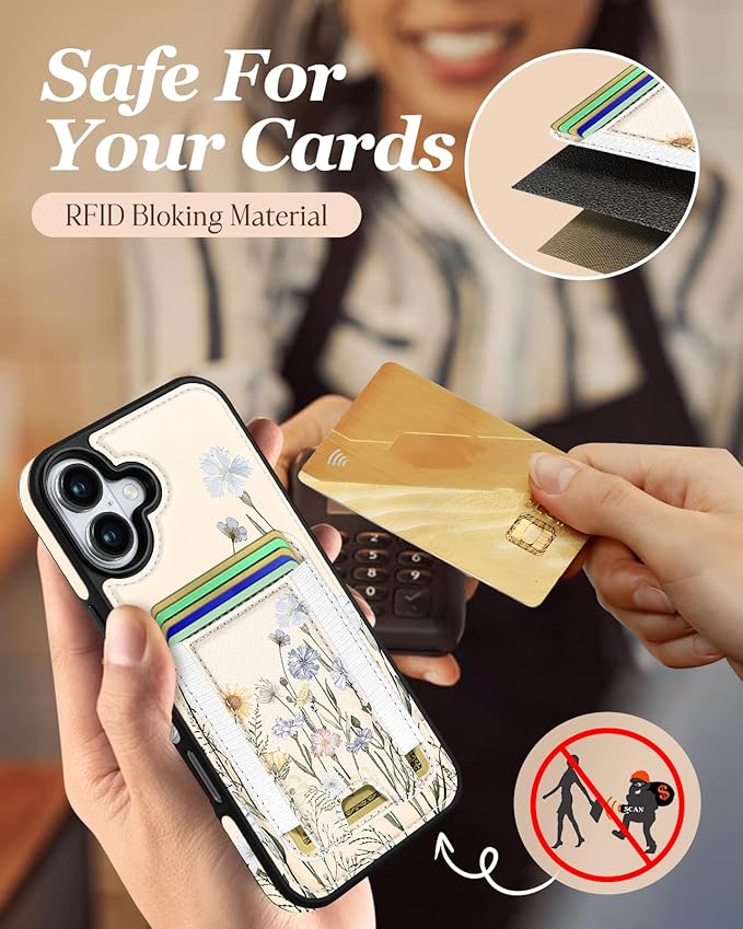 Shorogyt for iPhone 17 Wallet Case - Fits 5 Cards, Compatible with Magsafe Detachable Magnetic Credit Card Holder Leather Cardholder Cute Phone Cover Women Girls for Apple 17, Color Flower
