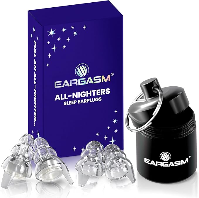 Eargasm All-Nighters Standard Earplugs - Sleep Ear Plugs with Sound-Stopping Inserts for Sleeping, Studying, Blocking Snoring - Reduce Noise While Sleeping, Improve Focus for Studying & More
